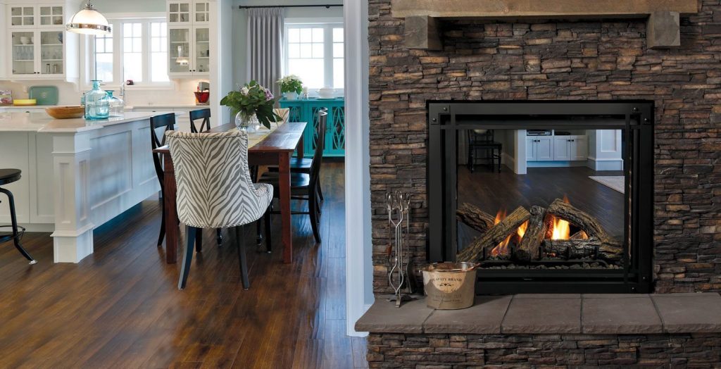 Marquis see-through fireplace between two rooms